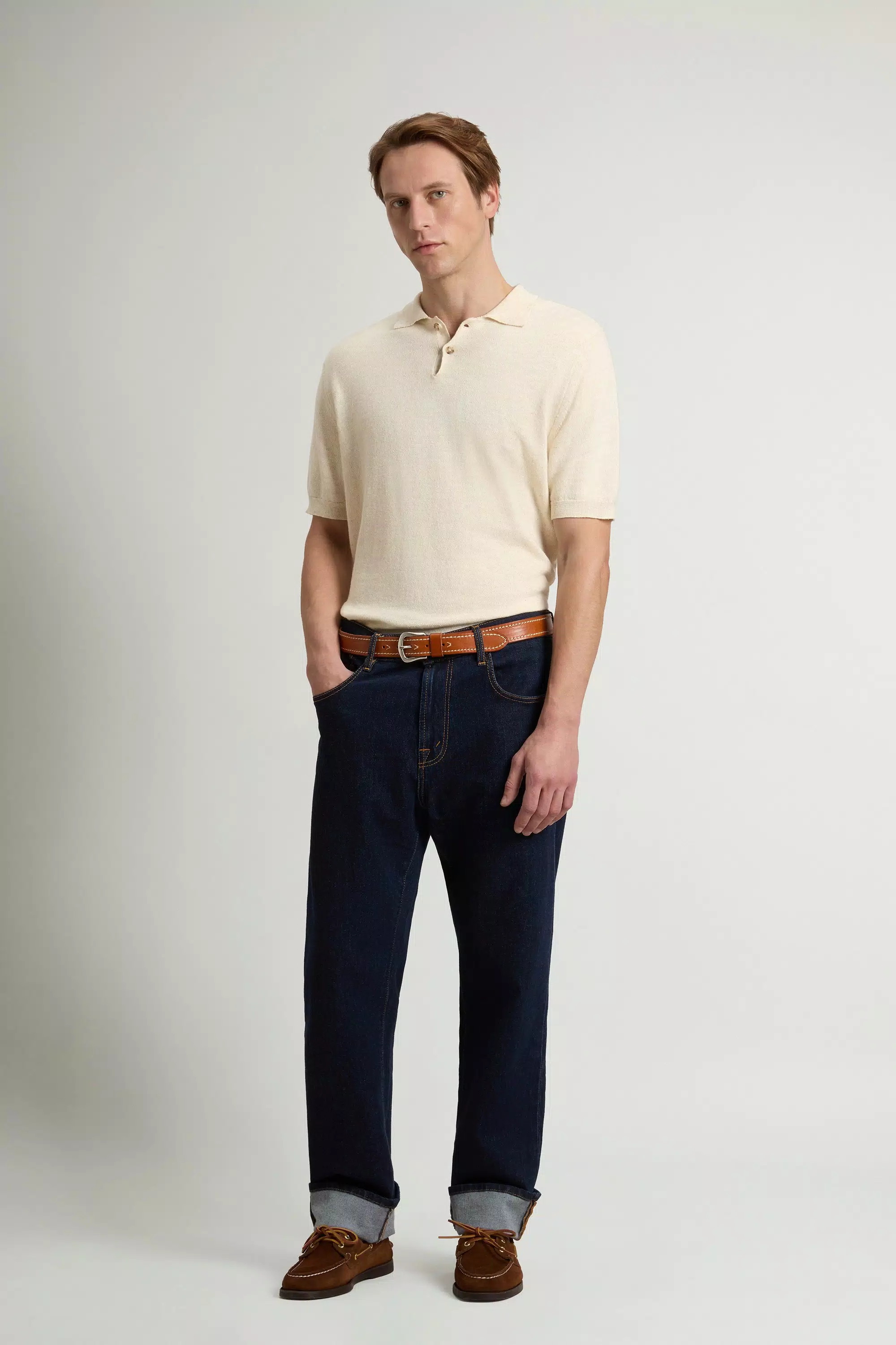 Polo-Shirt aus Strickbaumwolle und Leinenmischung - Milchig Creme Melange