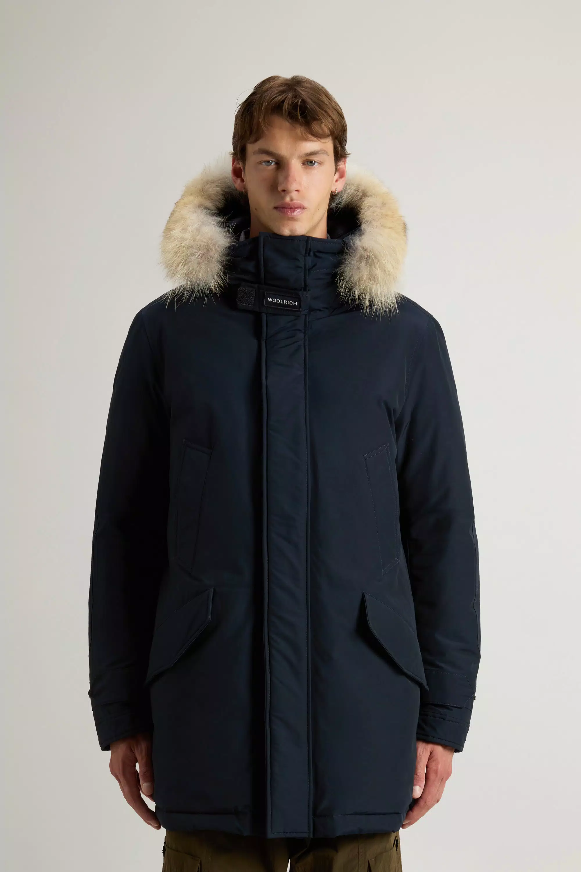 Polar-Parka aus Ramar-Stoff mit hohem Kragen und Pelzbesatz - Melton Blau