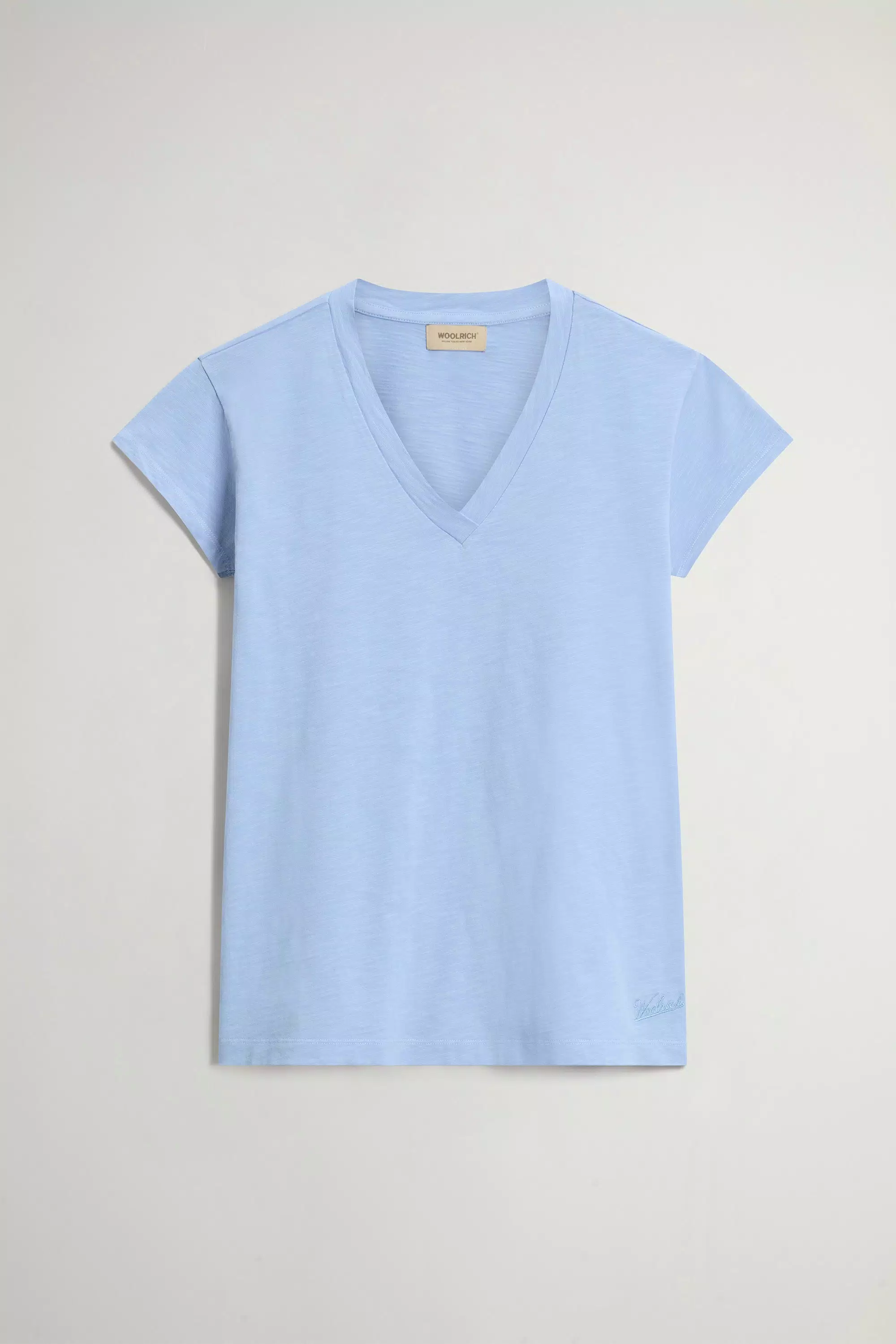 V-Ausschnitt-T-Shirt aus reiner Baumwolle mit Slub-Struktur - Blauer Hauch