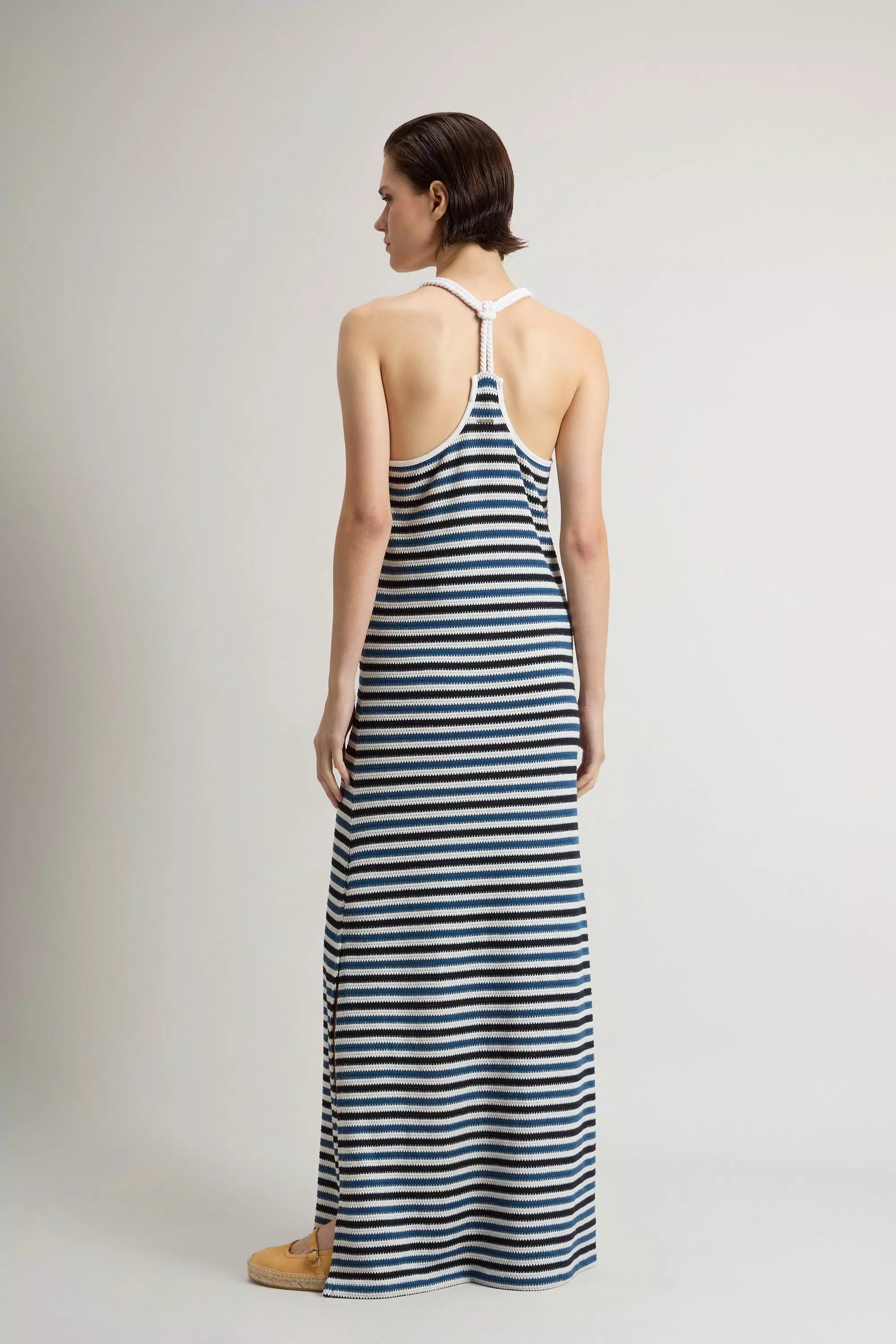 Kleid aus gestricktem Baumwollmischgewebe - Melton Blau gestreift