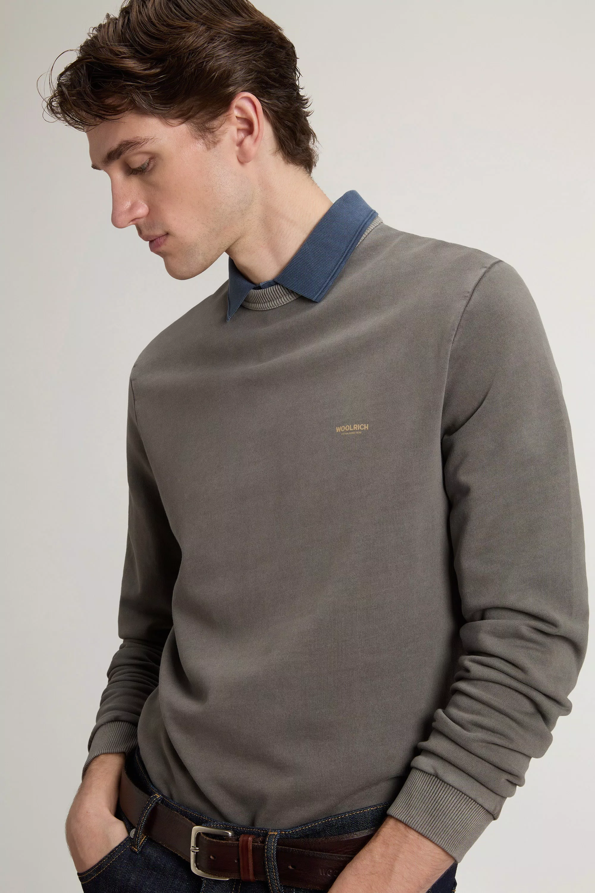 Gewebefärberter Crew-Neck-Sweatshirt aus reiner Baumwolle mit Logo - Faded Smokey Olive