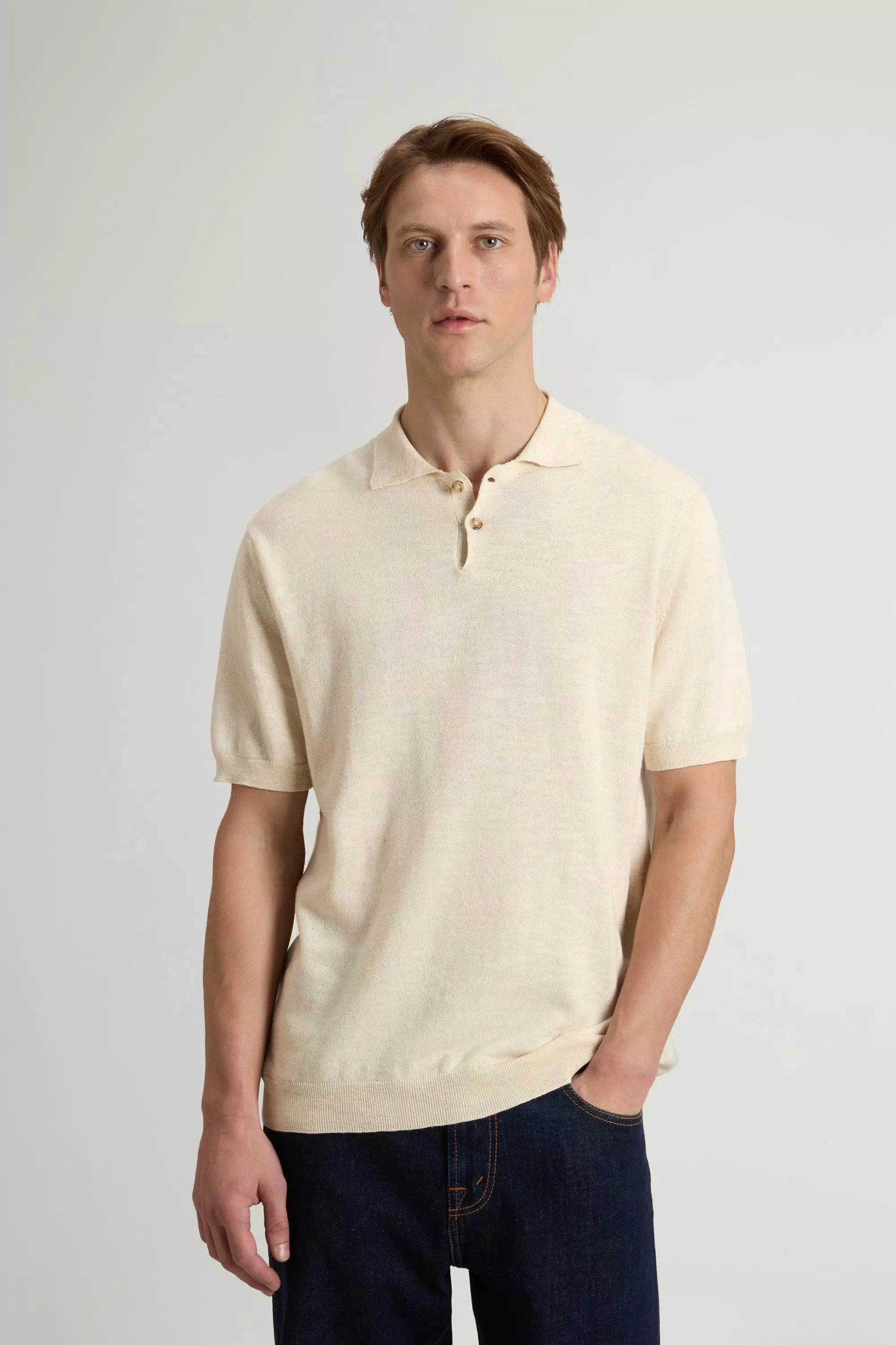 Polo-Shirt aus Strickbaumwolle und Leinenmischung - Milchig Creme Melange