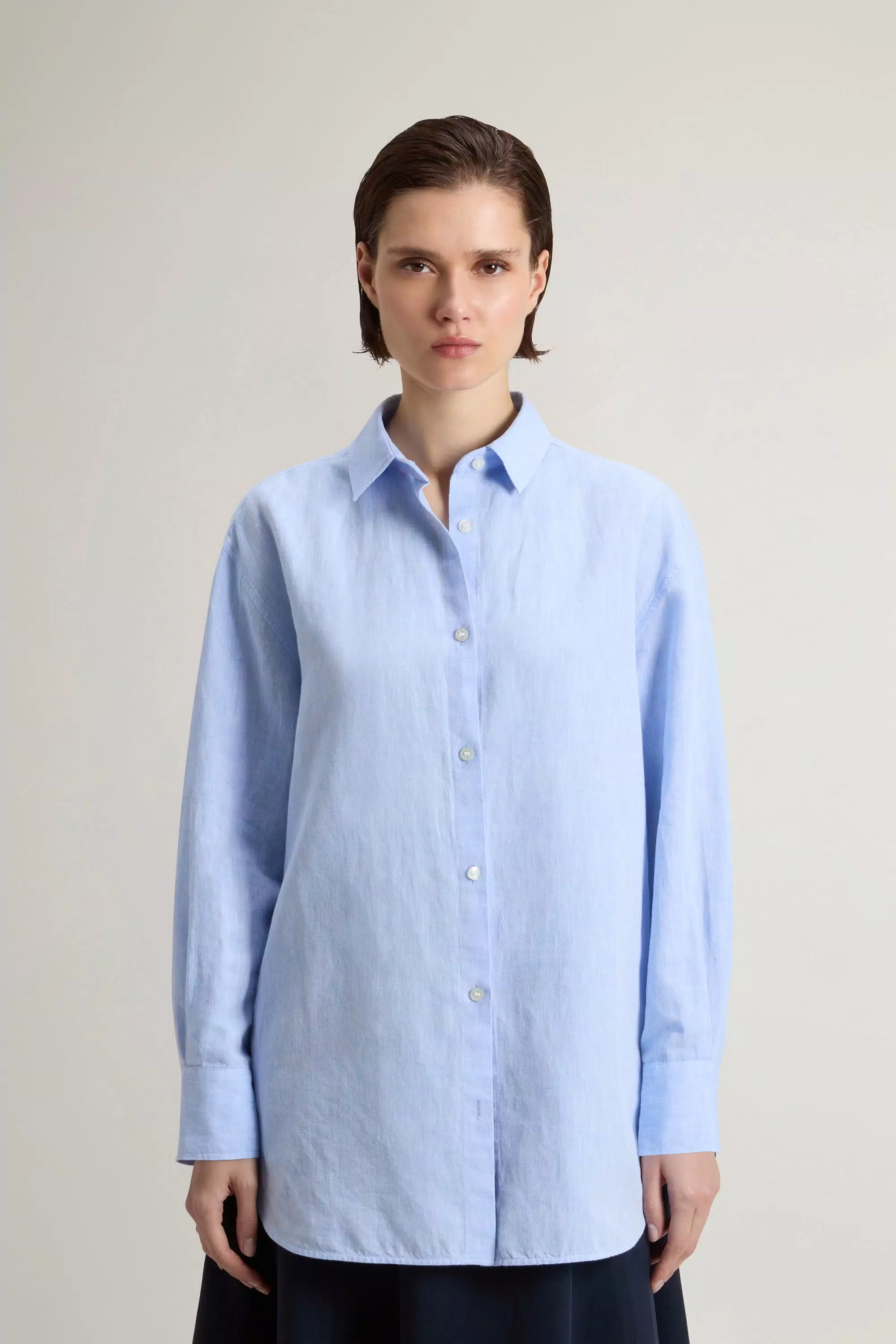 Boyfriend-Hemd aus Baumwolle und Leinenmischung - Oxford Blau