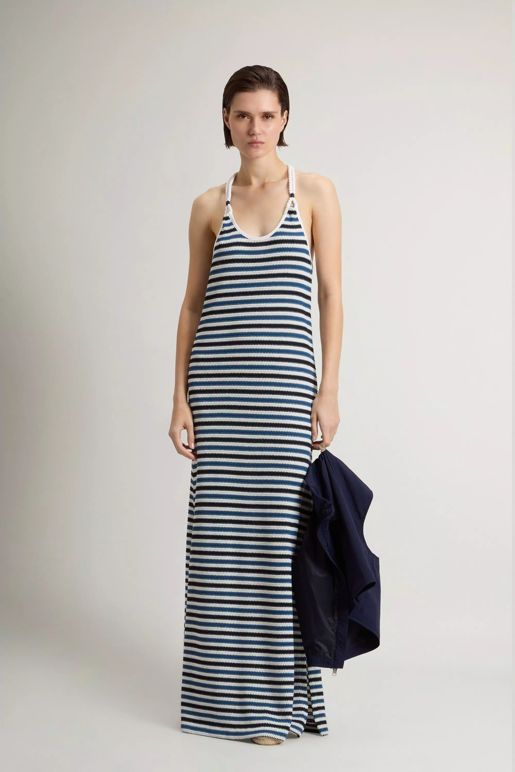 Kleid aus gestricktem Baumwollmischgewebe - Melton Blau gestreift