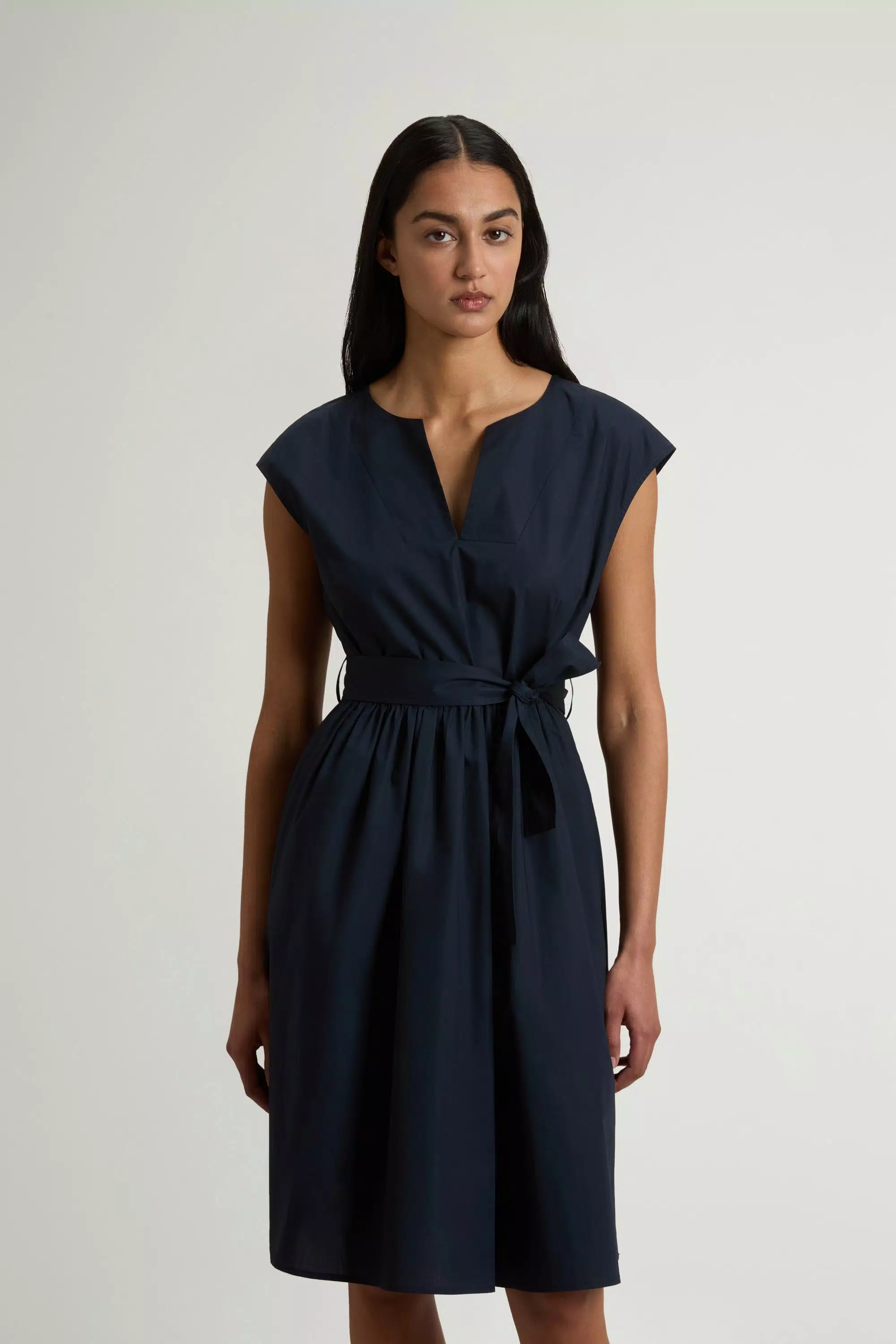 Reiner Baumwoll-Popeline-Kleid mit Gürtel - Melton Blau