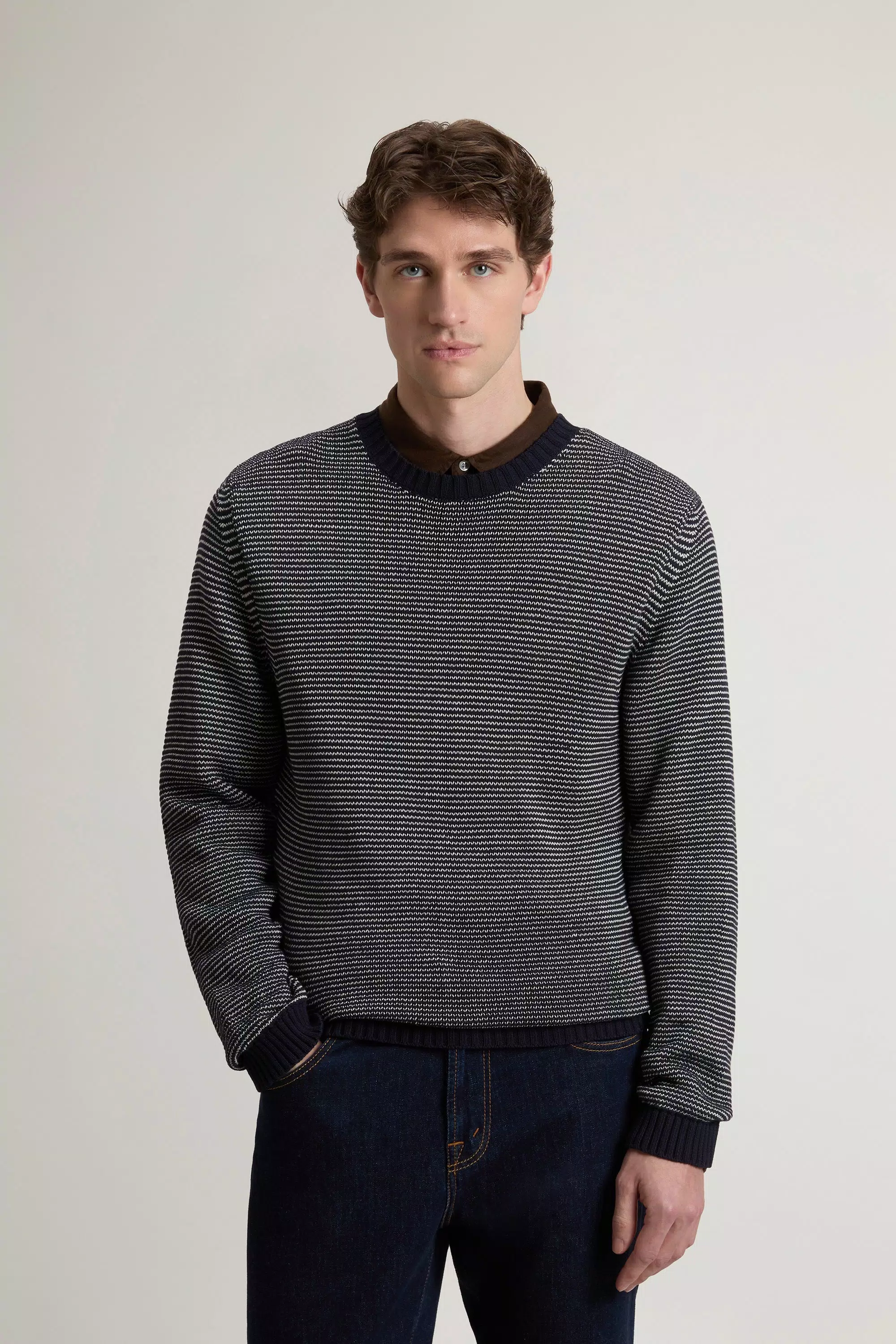 Gestreifter Crew-Neck-Pullover aus Baumwollmischung - Blauer Streifen